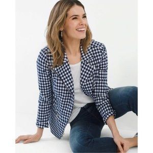 Chicos navy white plaid gingham asymmetrical Moto Jacket blazer women size 0